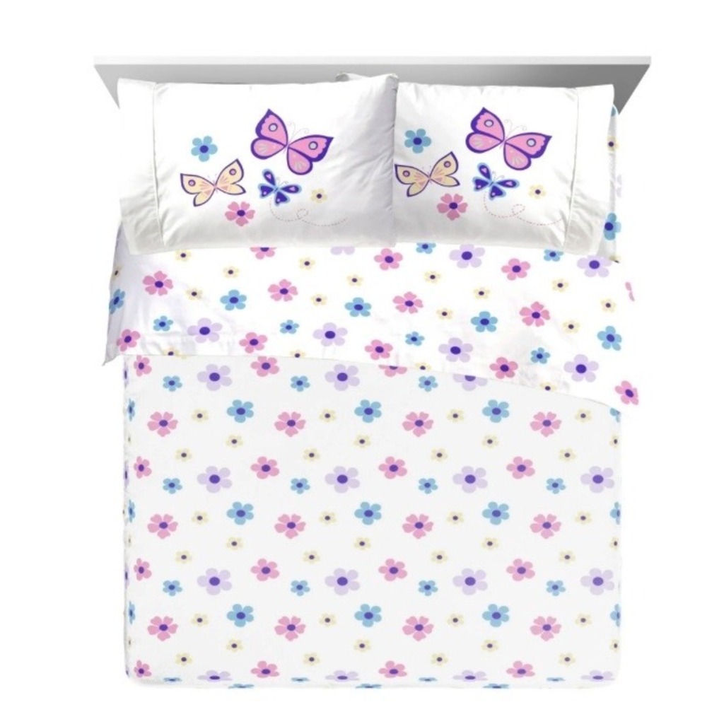 Sunny Side Up 4 Pc Toddler Bed Set Butterfly Floral Pink Purple NEW